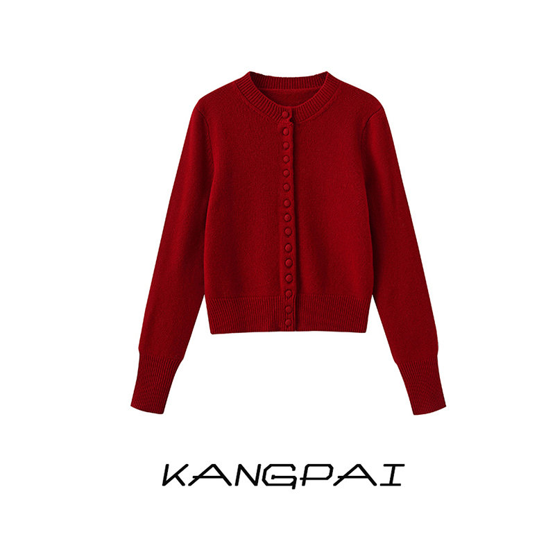 【法式香奢】100%纯羊毛开衫复古包扣时尚短款安可拉红圆领针织毛衣