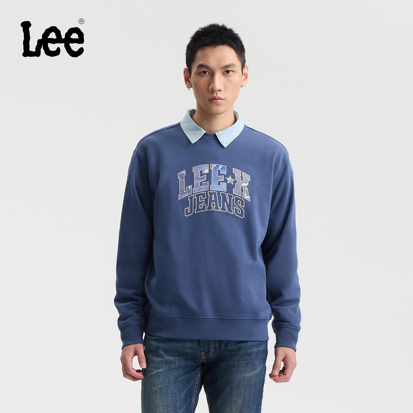 Lee25秋冬舒适版圆领植绒印花Logo男长袖卫衣潮LMT010842204