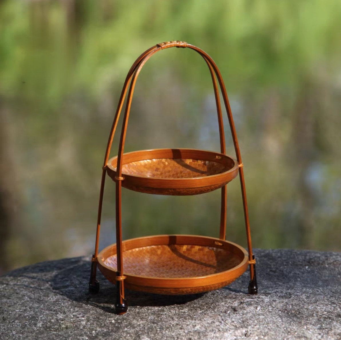 双层果篮竹编果盘手工编织托盘茶点盘茶具收纳创意竹制托盘