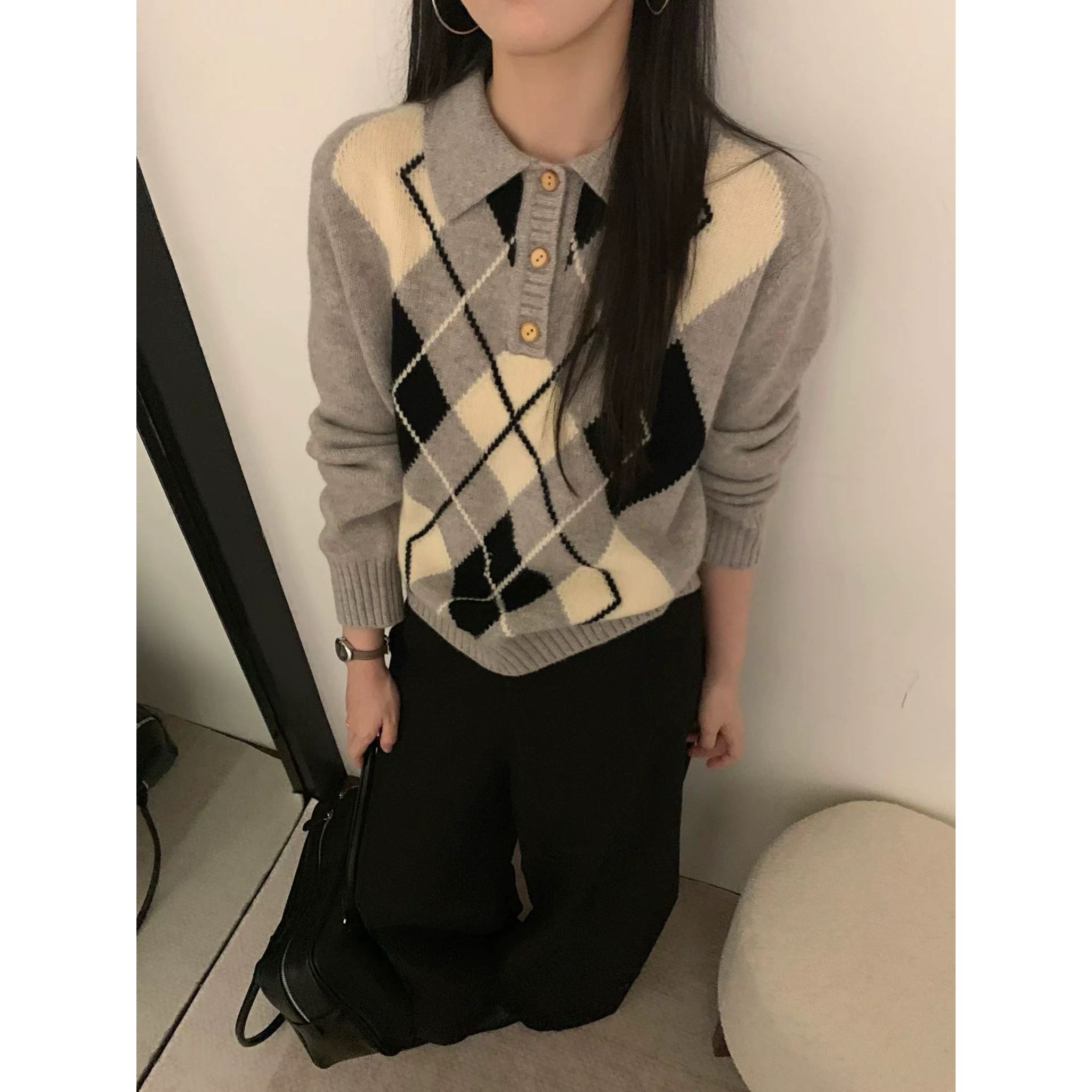 韩国erume 经典polo菱形格毛衣