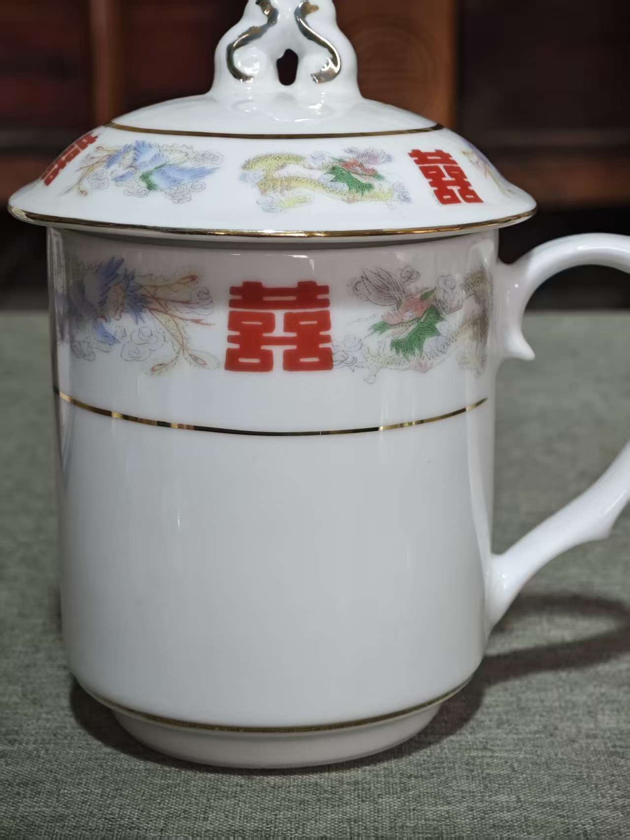 仿古瓷 仿古瓷景德镇陶瓷龙凤双喜描金盖杯