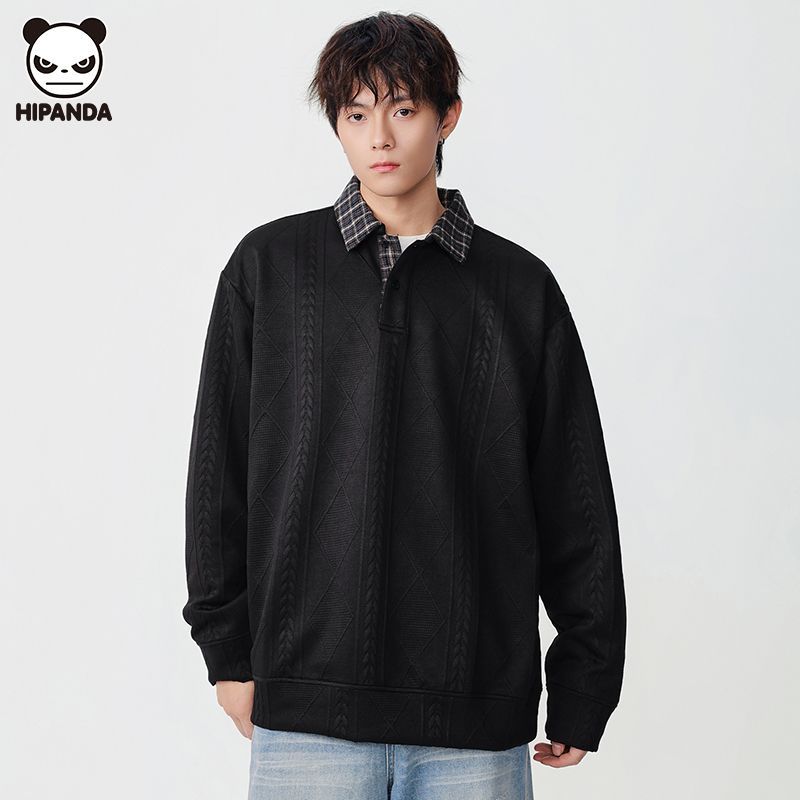 Hi Panda长袖卫衣男装休闲宽松秋冬新款纹理重磅翻领韩版潮流上衣