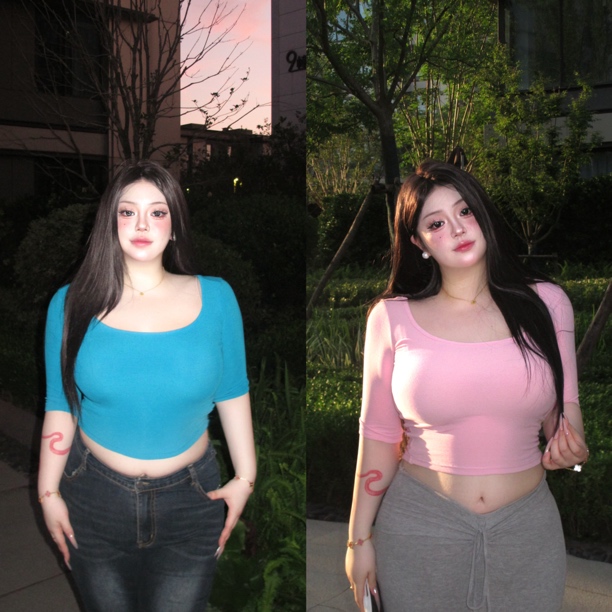 「百搭打底」甜崽颖宝微胖mm大码中袖方领短款纯色性感显瘦打底衫 