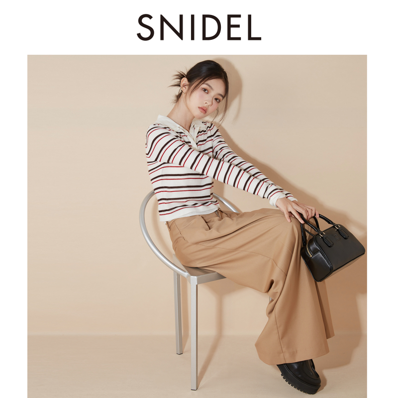 SNIDEL新品翻领简约条纹polo针织衫上衣两件套SWNT245096