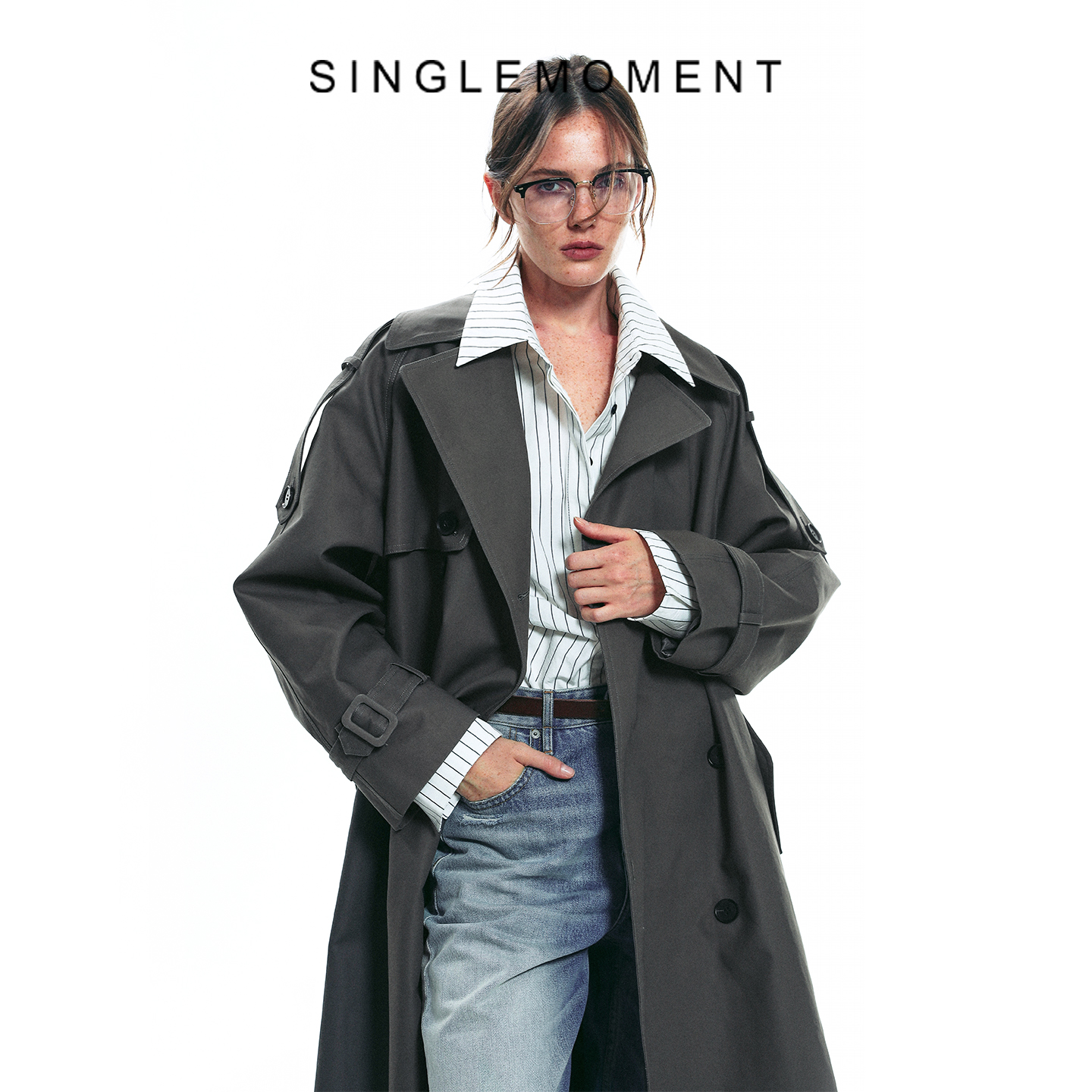 SINGLE MOMENT 25AW法式气质高级感双面缎纹大翻领长款风衣外套女