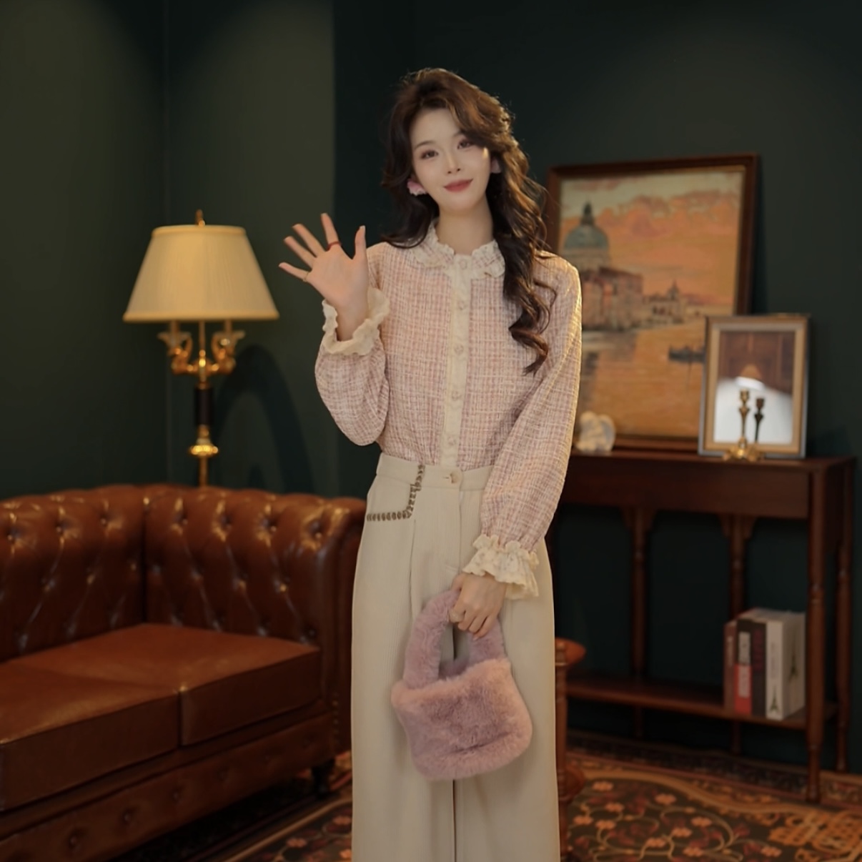 舒舒【粉格之恋】复古港风秋冬厚款休闲百搭衬衫加厚上衣YE0708517