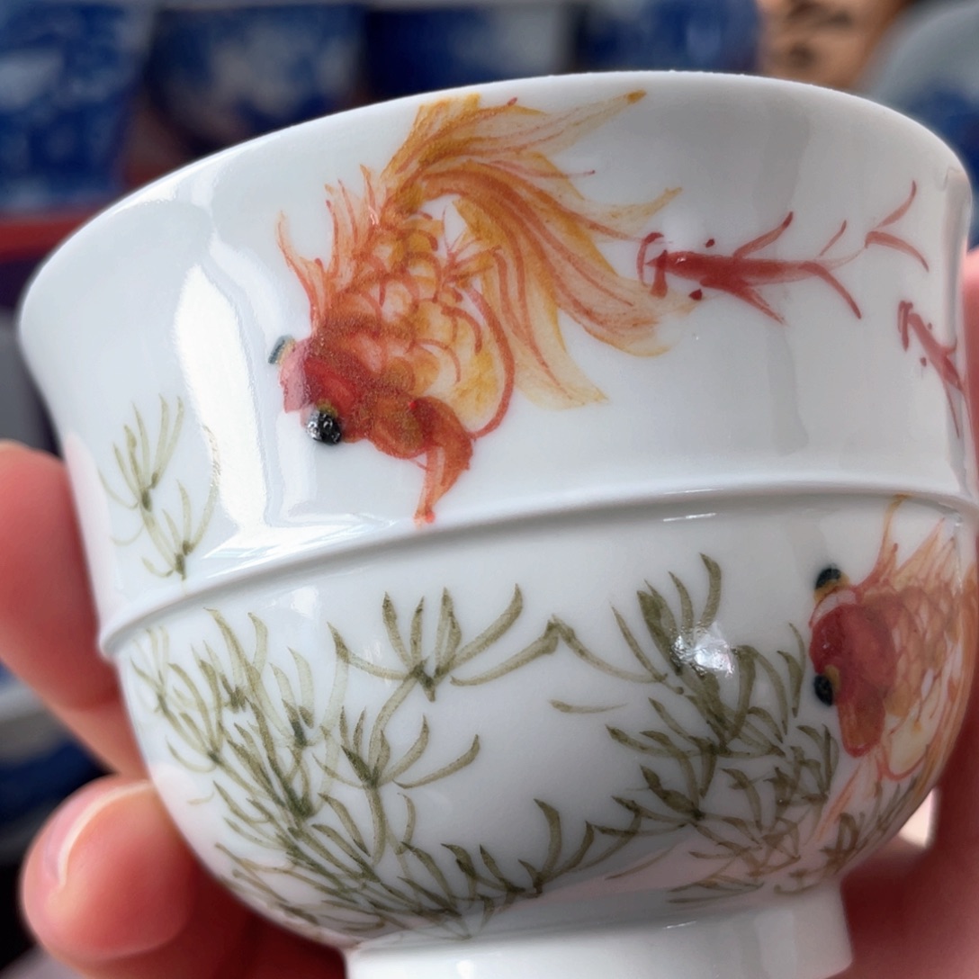 纯手工釉下五彩竹节杯杯