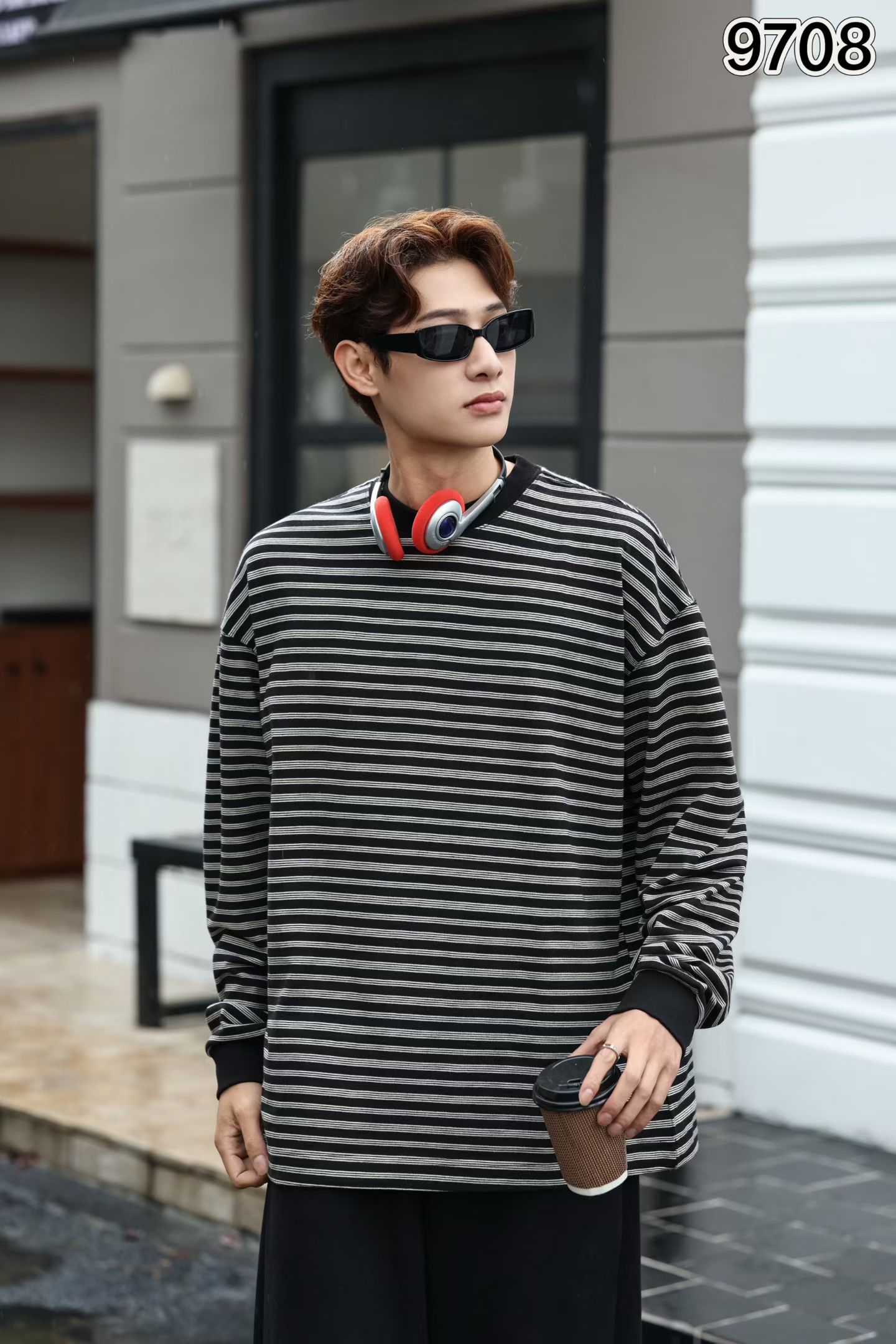 男士条纹日常青少年秋冬长袖T恤圆领宽松卫T9807