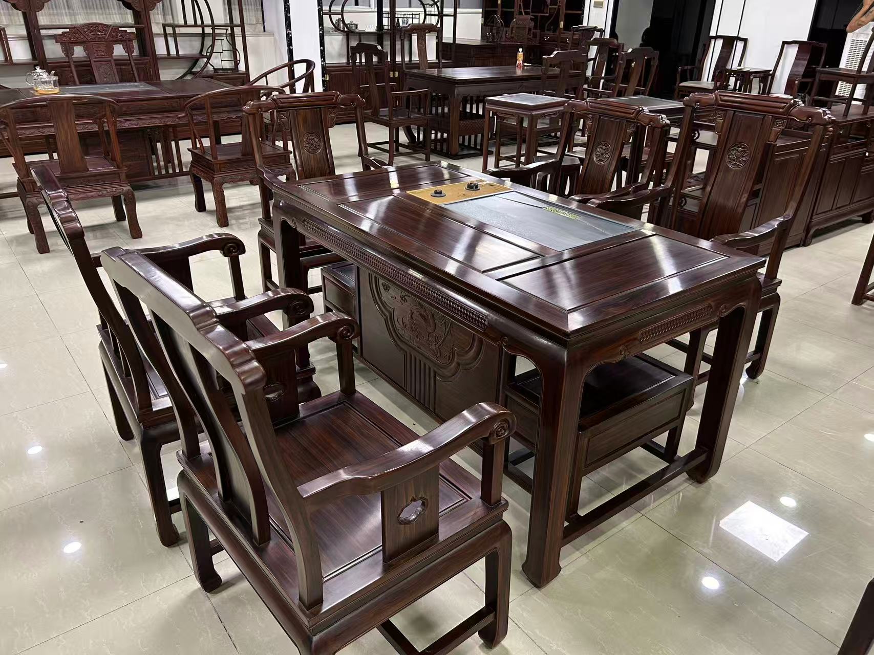 亮光如意茶台酸枝木家具雕花移动新古典框架结构艺术新中式成套