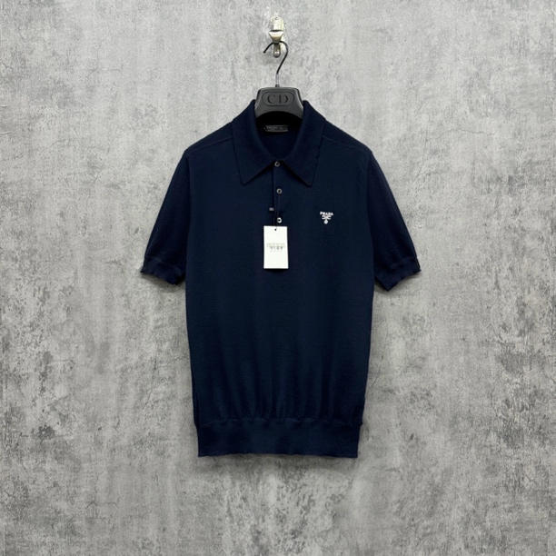 未使用 Prada/普拉达 新款山羊绒刺绣Logo短袖Polo衫/WK735/50码