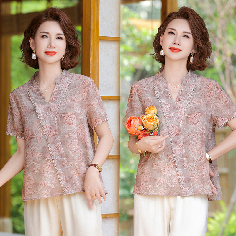 2025妈妈装夏装时尚气质小衫中老年女装新中式洋气短袖上衣T恤衫