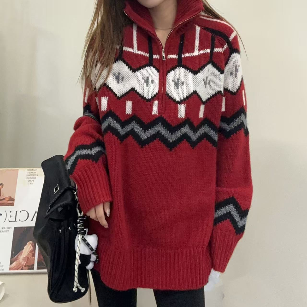 【百分百山羊绒】轻奢241904-100羊绒慵懒时尚提花图案半拉链套头衫