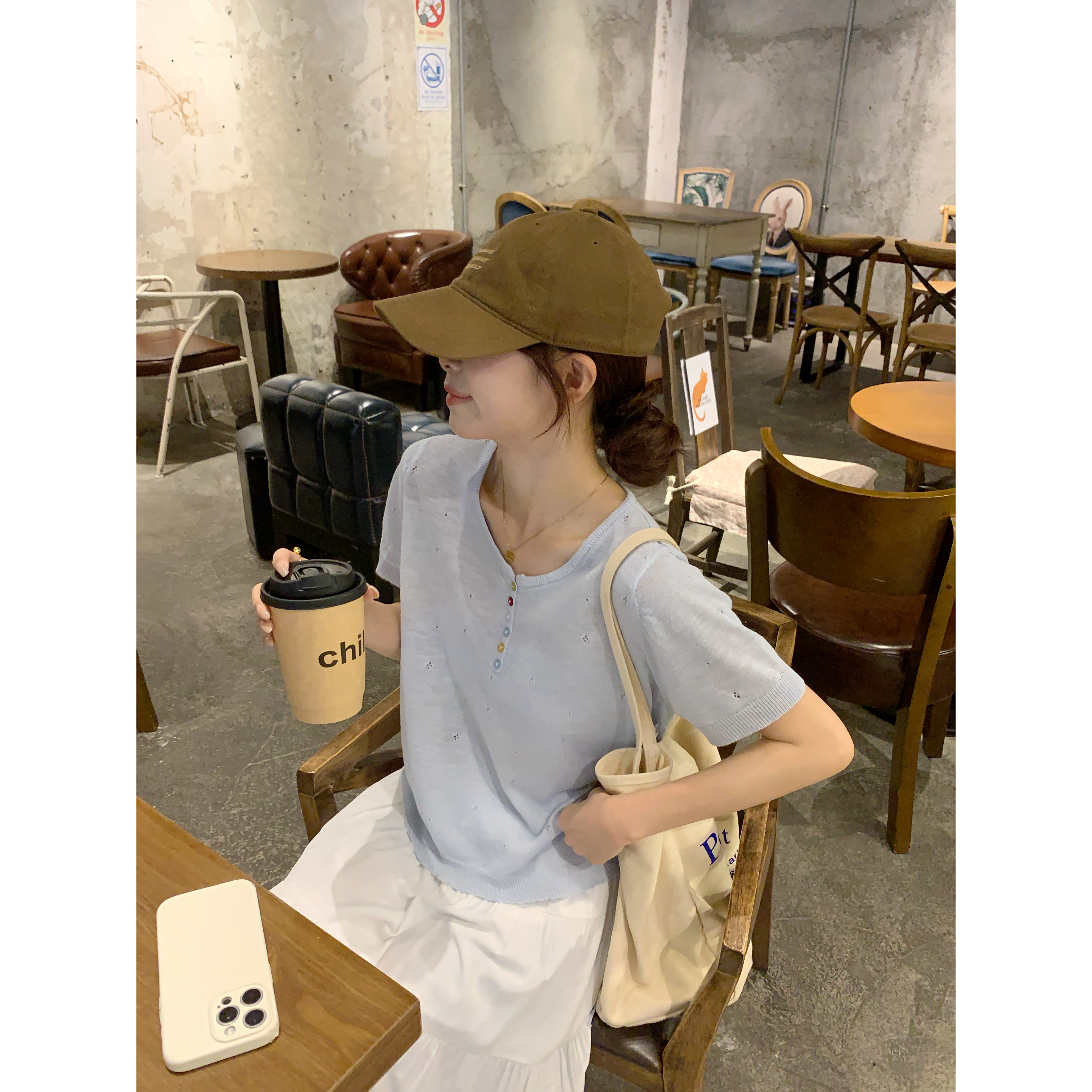 【C·Cai】薄款韩代简约甜美百搭彩扣侧边双抽绳圆领套头短袖778#