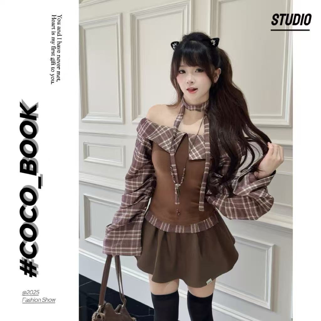  CoCo【套装】焦糖玛奇朵显瘦高腰时尚复古收腰格子长袖夏秋两件套