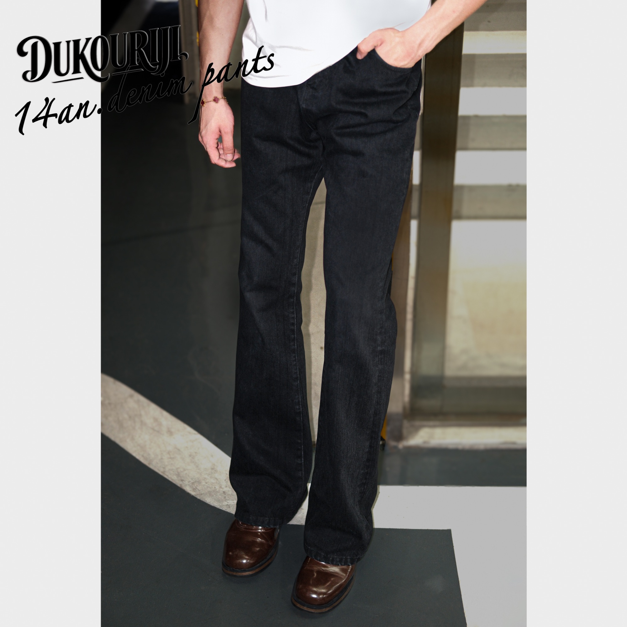 冬季新款重磅“赛络纺”竹节纯黑牛绿松石配件高级感牛仔裤