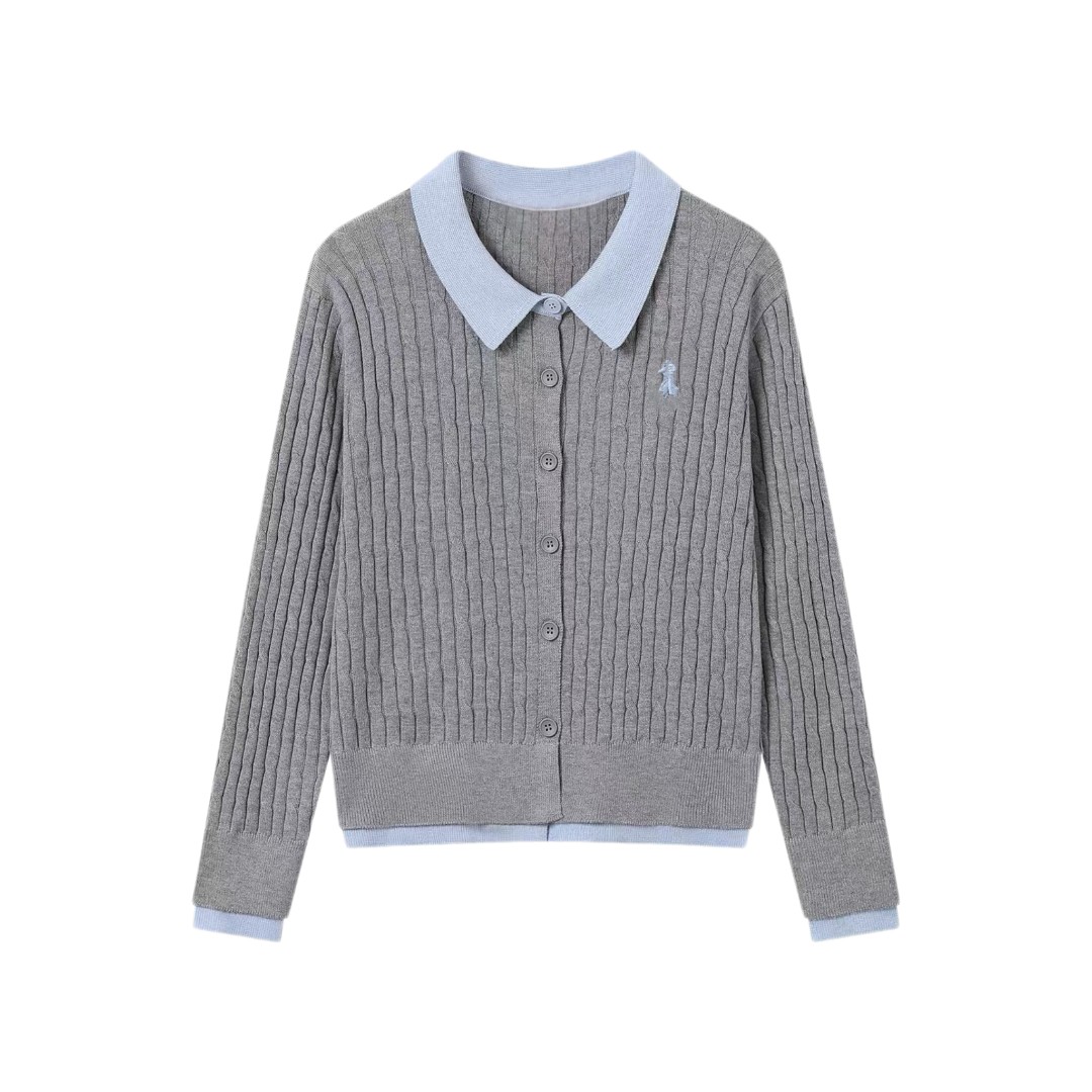 高级灰正肩popl领假两件简约衬衫拼接开衫英伦风针织开衫外套A24