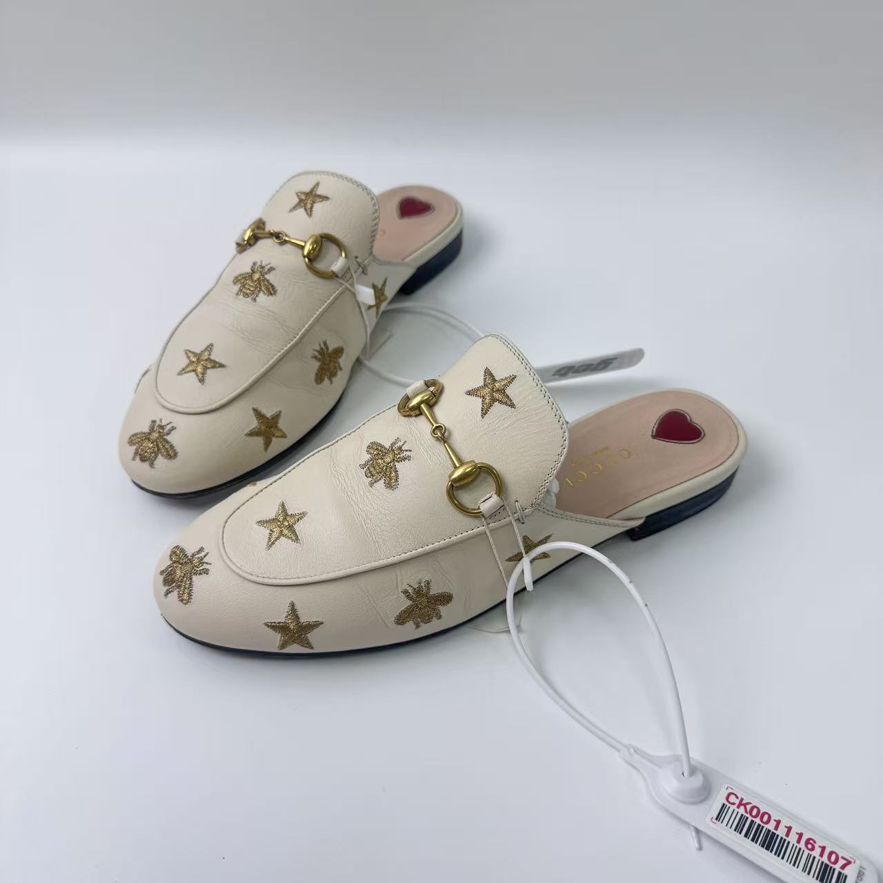 95新 GUCCI/古驰 36码/仔仔女鞋/奶茶色小金蜂包头半拖wsp409