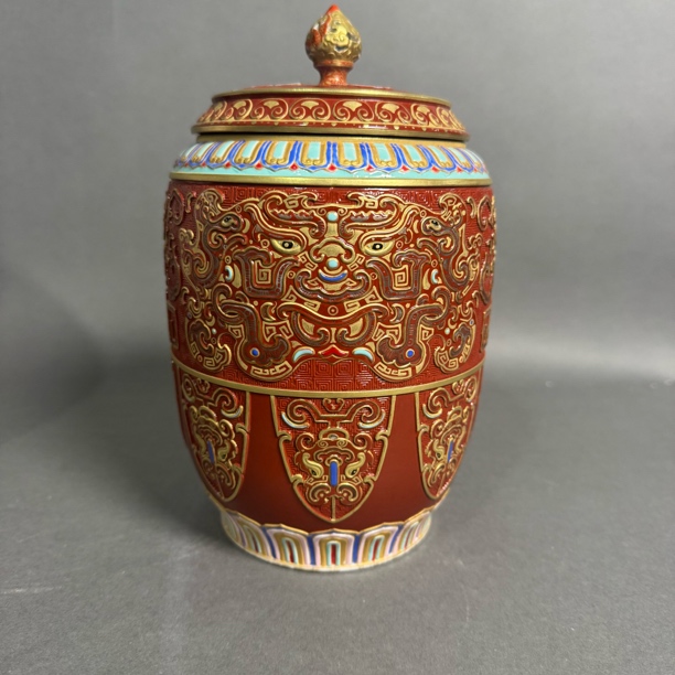 古玩/收藏 清乾隆古铜彩兽面纹盖罐