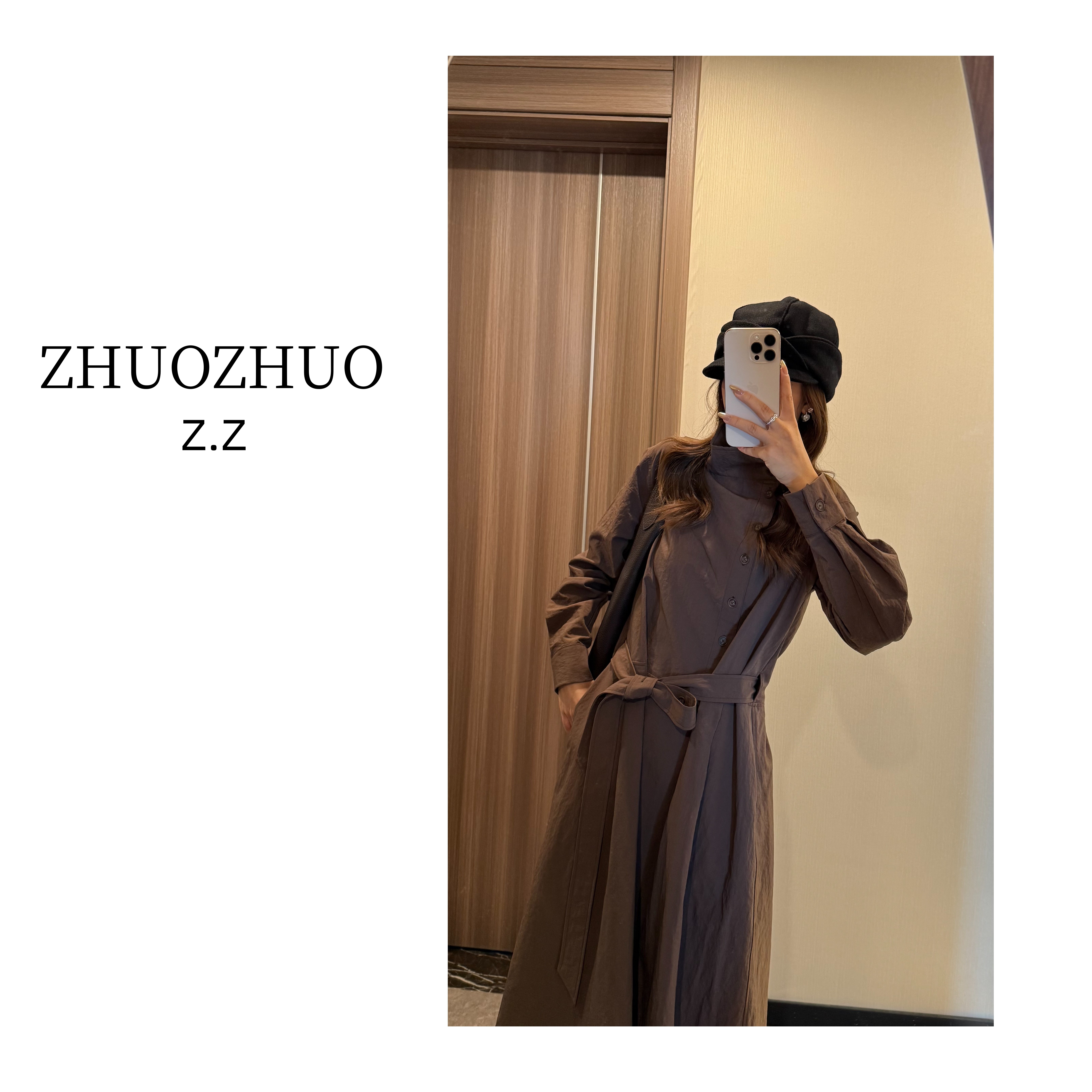 【ZHUOZHUO专属】“雾岸野色”微皱肌理不规则翻立领可调节腰围风衣裙