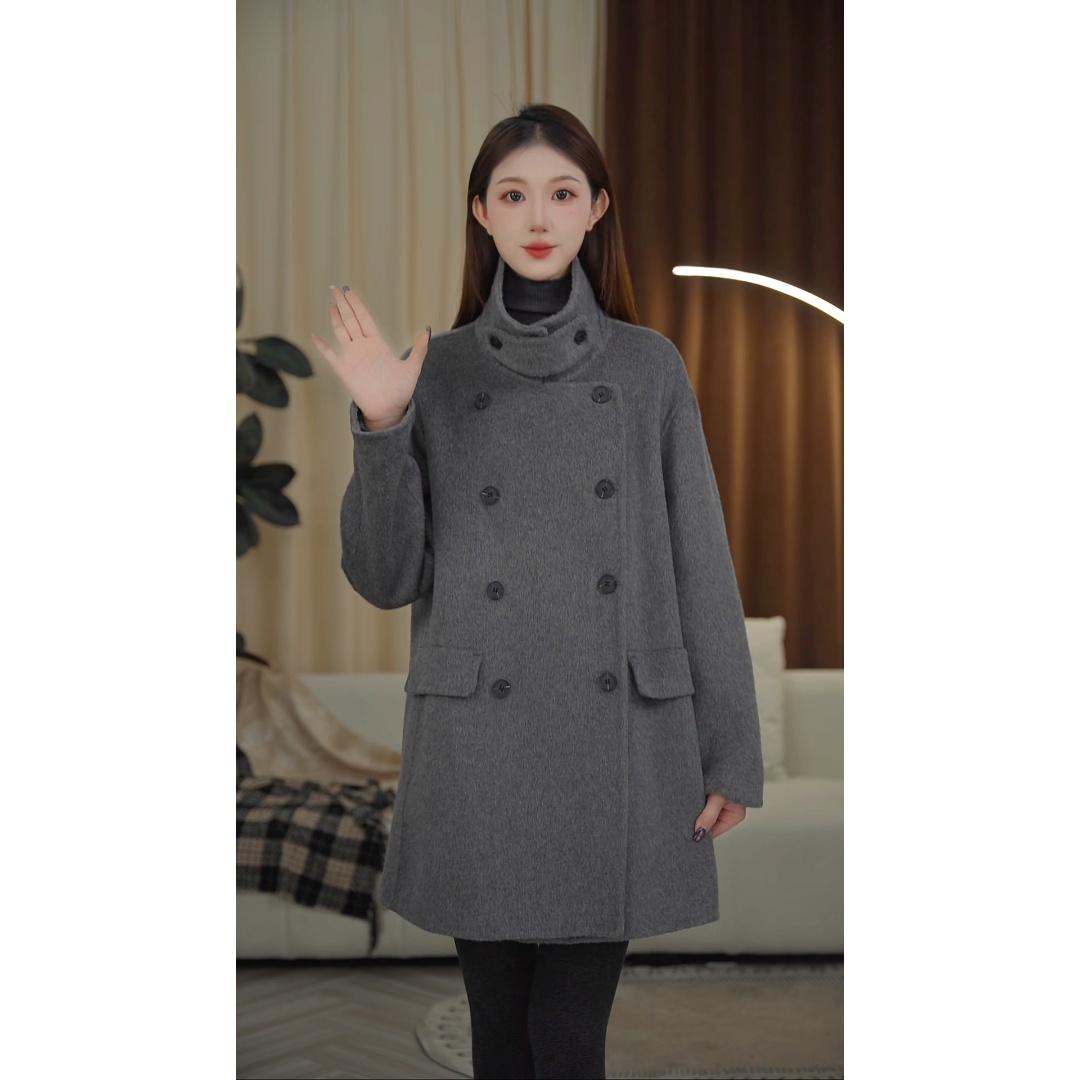 2025圣逸秋冬娃娃领简约双面羊毛大衣外套女