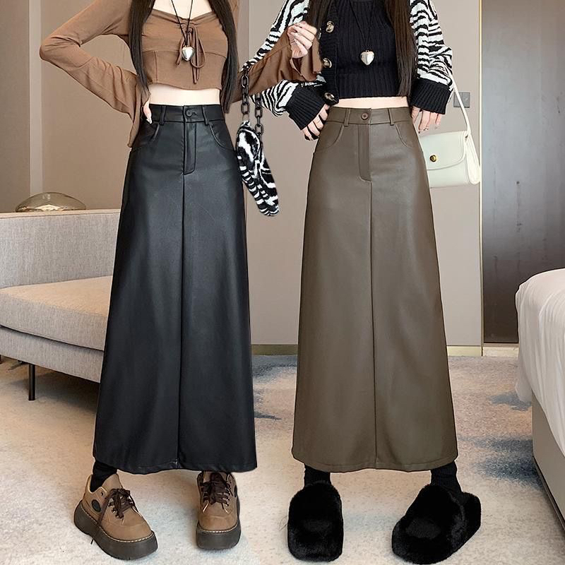 pu皮裙半身裙女秋冬季2025新款中长款高腰开叉黑色包臀a字长裙子