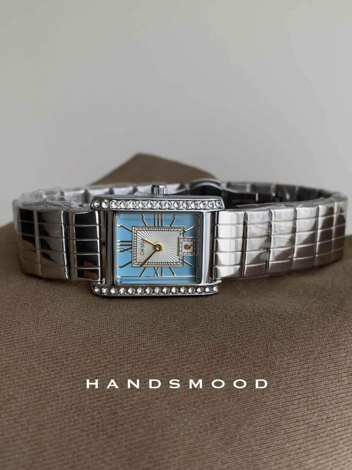 handsmood 银蓝色镶钻方形时尚高级感通勤气质百搭女士钢带手表