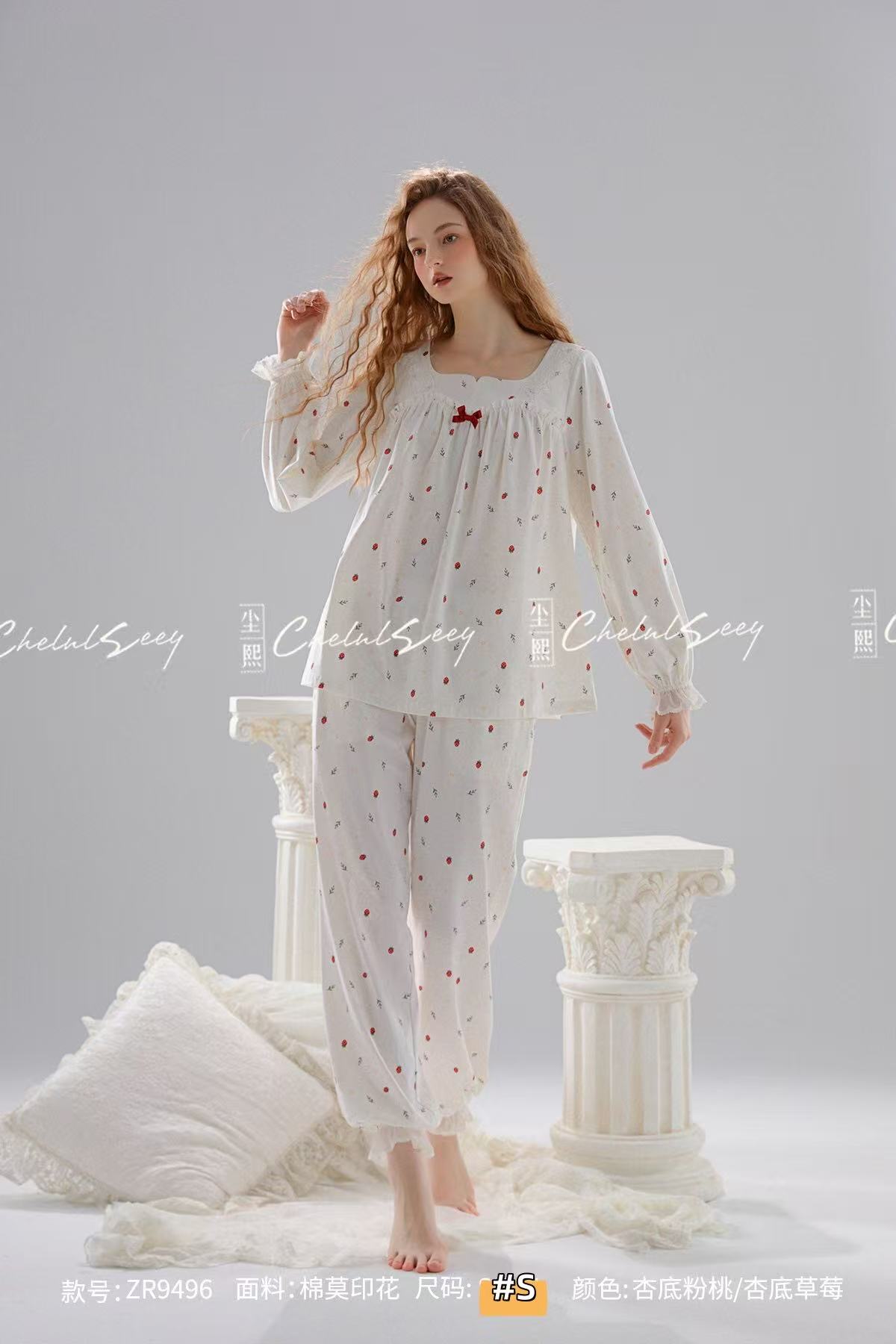 棉莫印花睡衣女春秋季薄款法式套装长袖宽松可外穿家居服9496