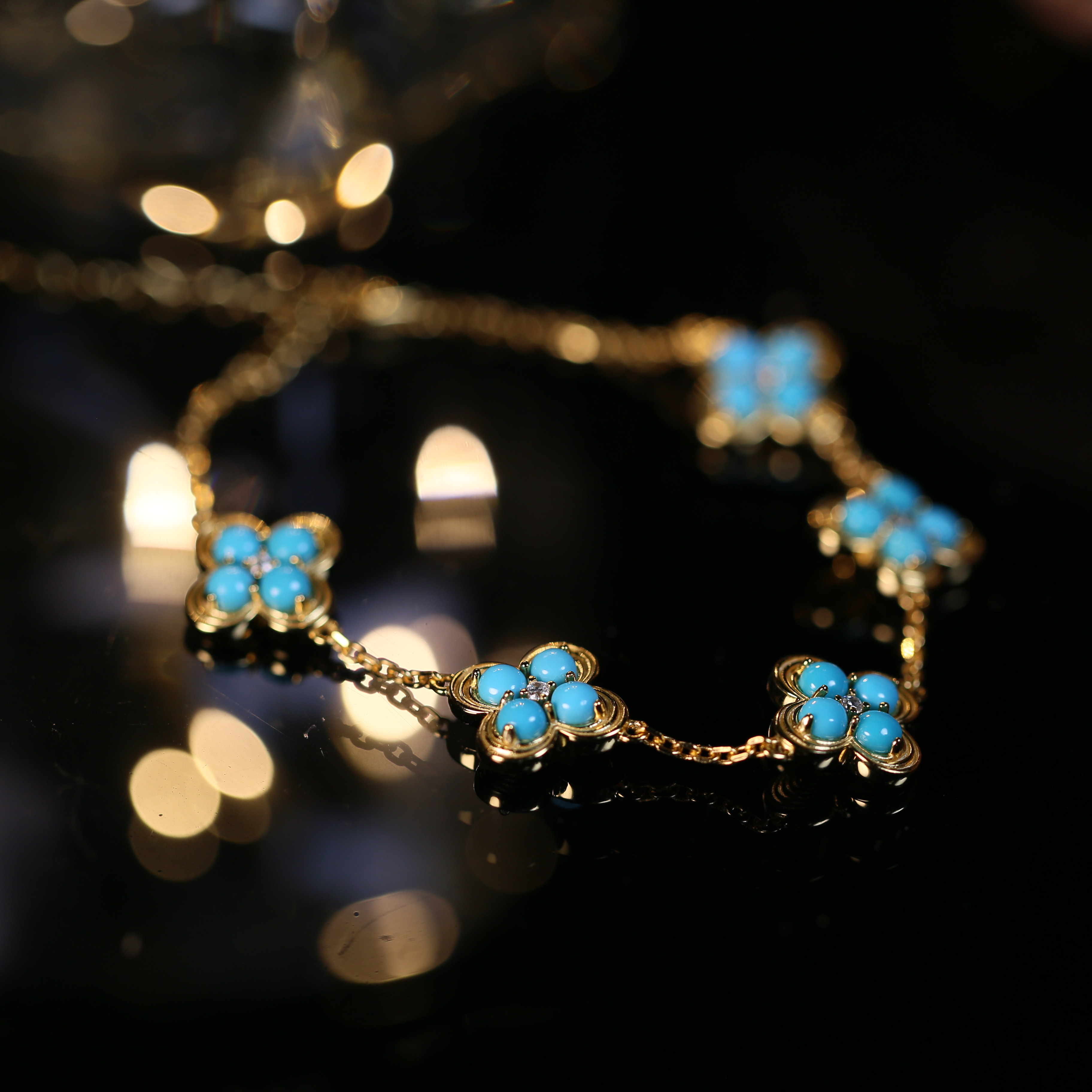 【闫闫专属】安曼博 S925银绿松石美松四叶草手链 约3mm XZ0094BZ