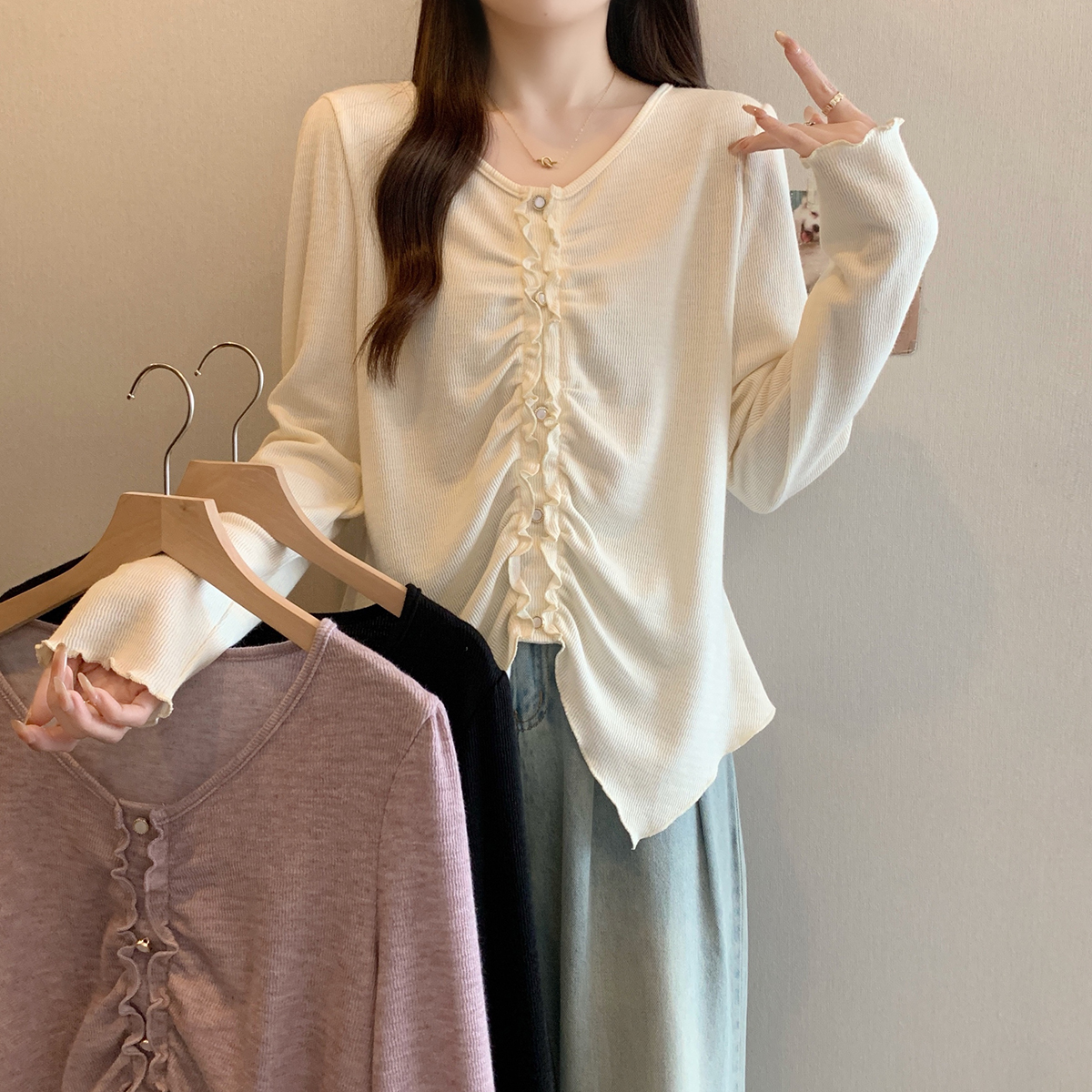 大码美美哒2025年春季新款时尚百搭针织衫褶皱显瘦气质上衣63998