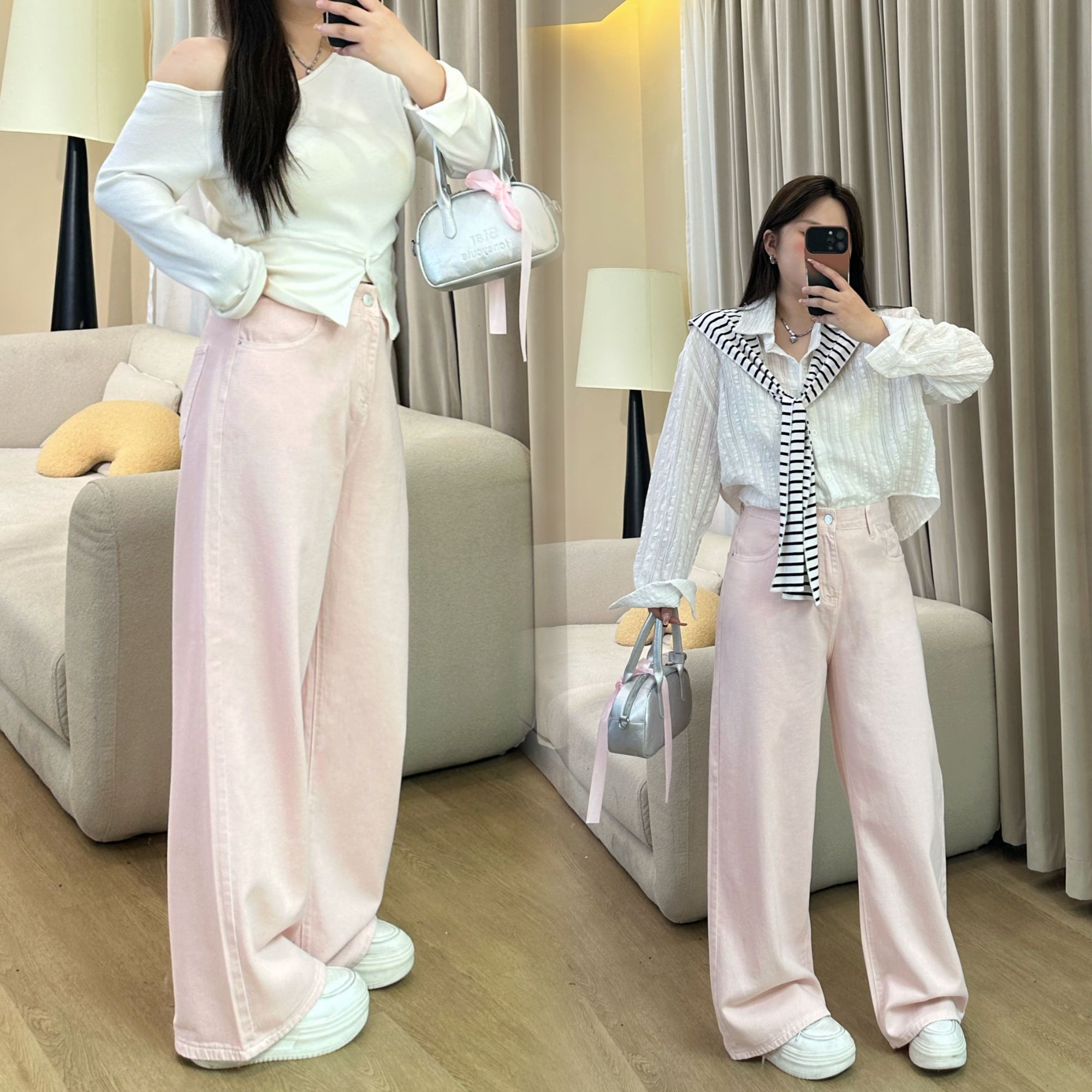 6105#大码樱花粉高腰阔腿牛仔裤女宽松春夏新款高端直筒裤子女