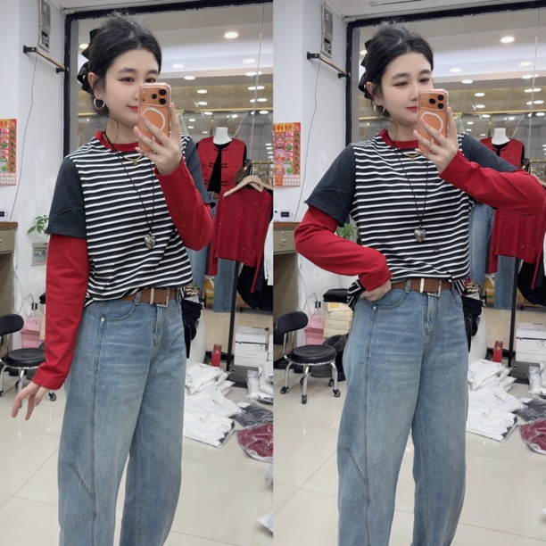 DD-欧货假两件撞条纹衫（发货3-5）