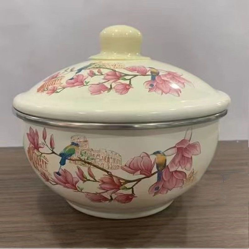 16公分珐琅搪瓷带盖元宝碗漂亮手绘餐具家用一个饭碗