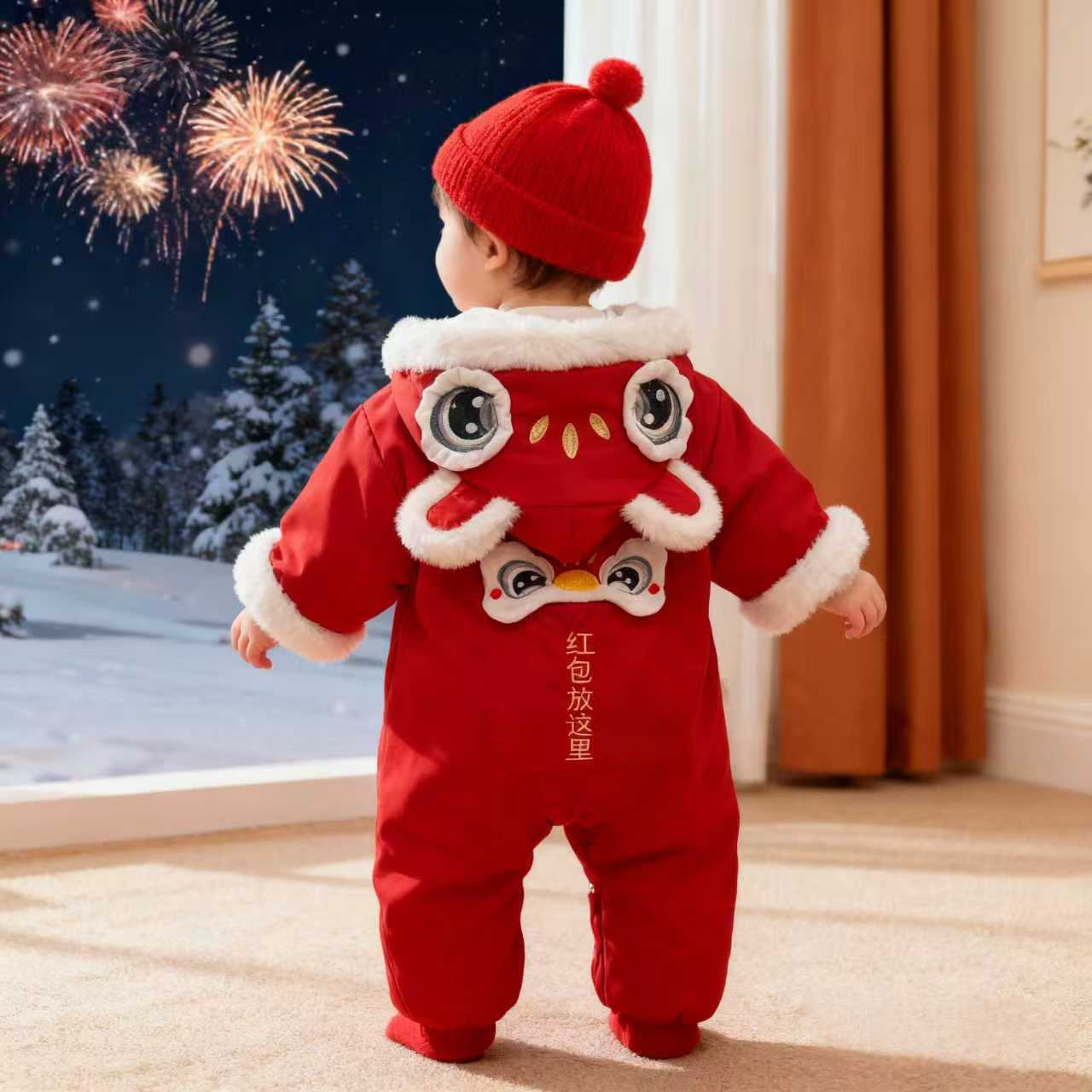 冬上新婴幼儿新年拜年服加绒加厚红色过年外出冬装宝宝连体衣D117