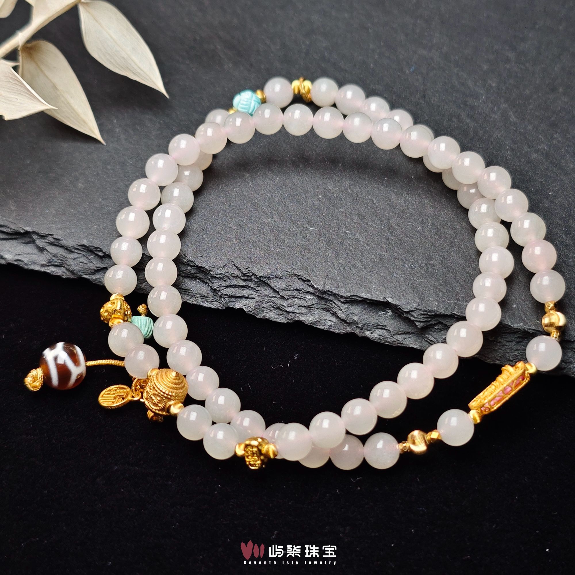 【要努力】F474 和田玉银S925镶嵌 藕粉龟背提溜三圈手串