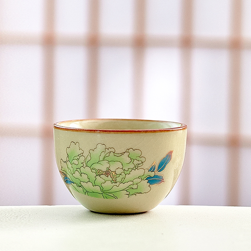 岑汝绿牡丹圆底杯开片可养品茗杯40毫升