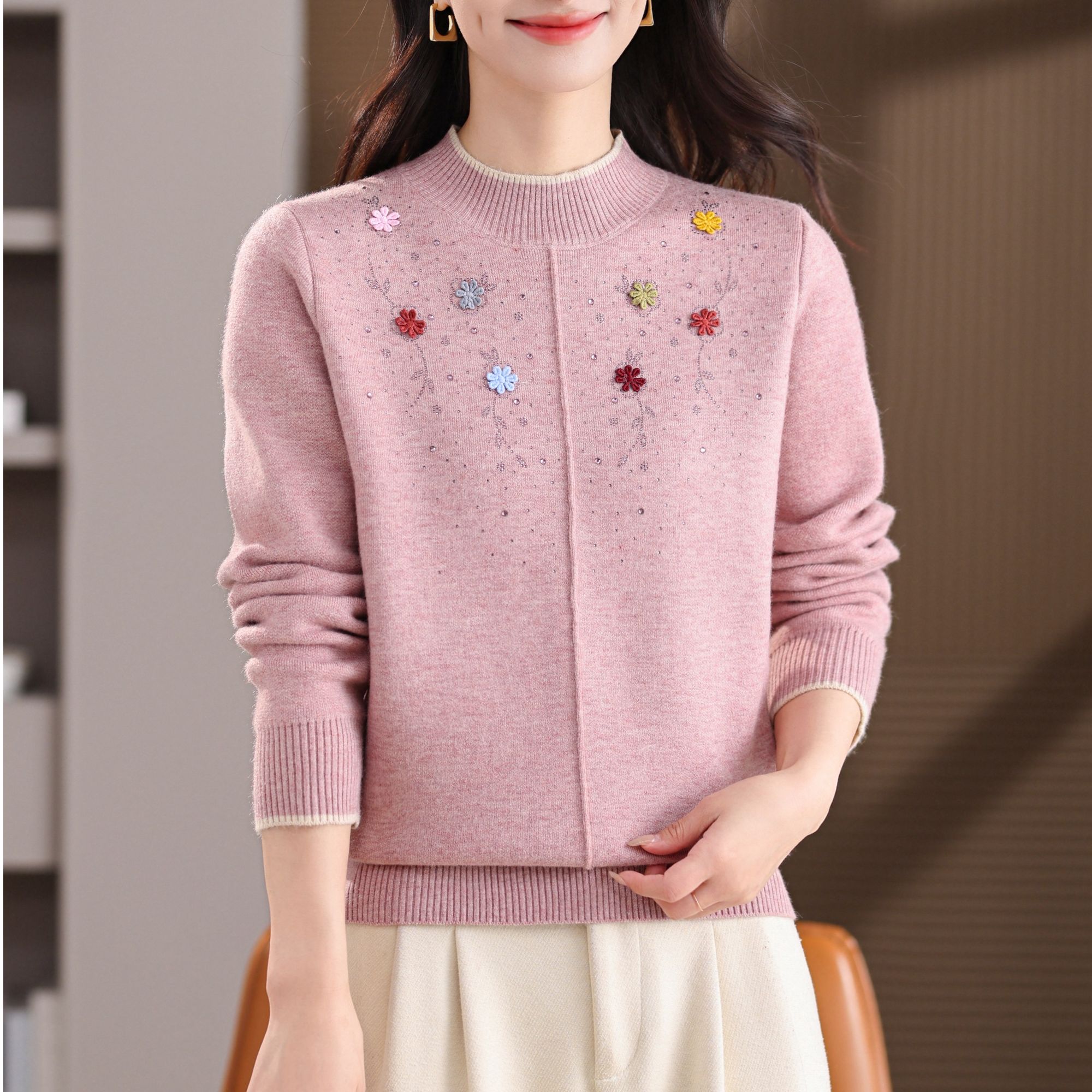 植物花卉刺绣加绒加厚中老年女装秋冬针织衫196