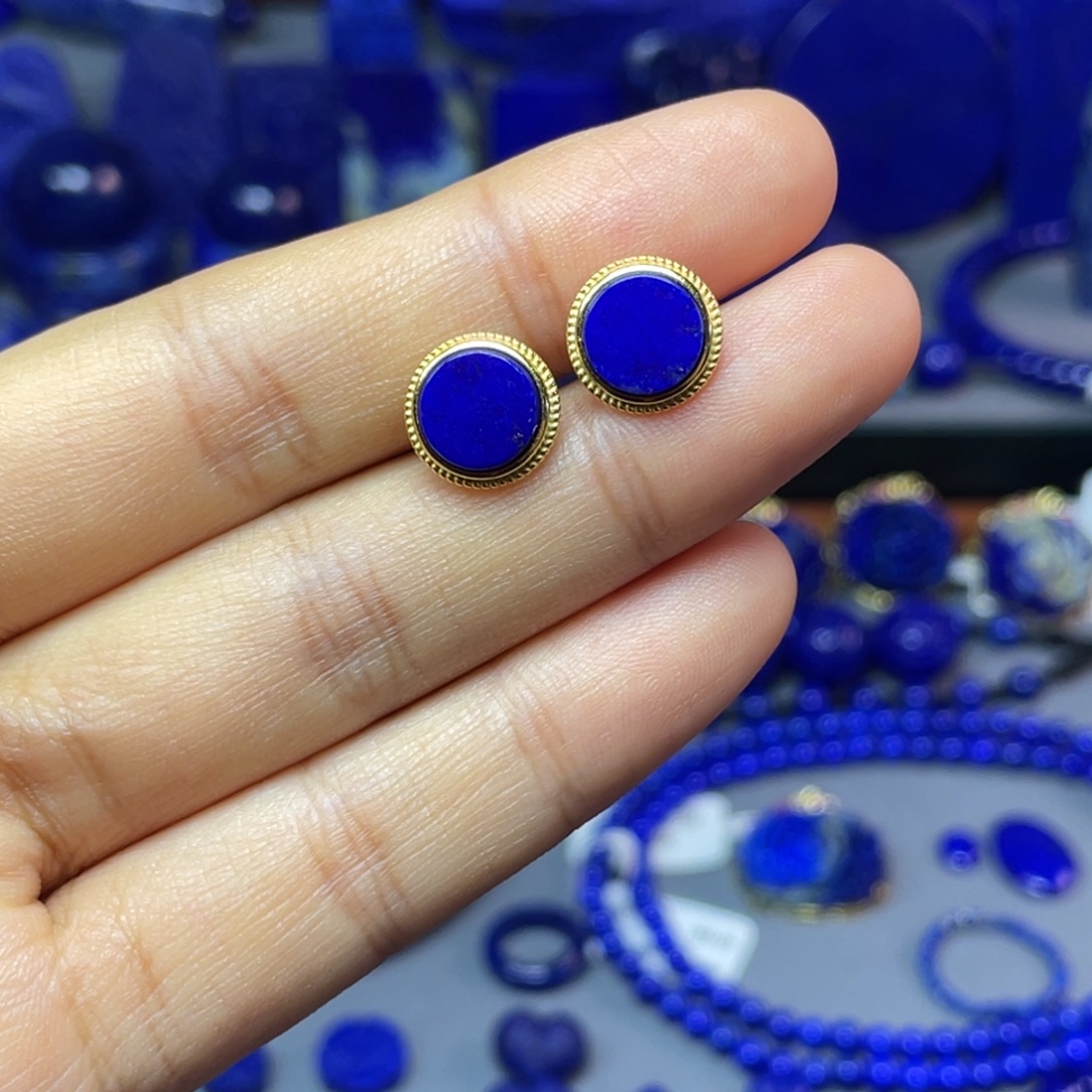 青金石银S925镀金镶嵌10mm耳饰