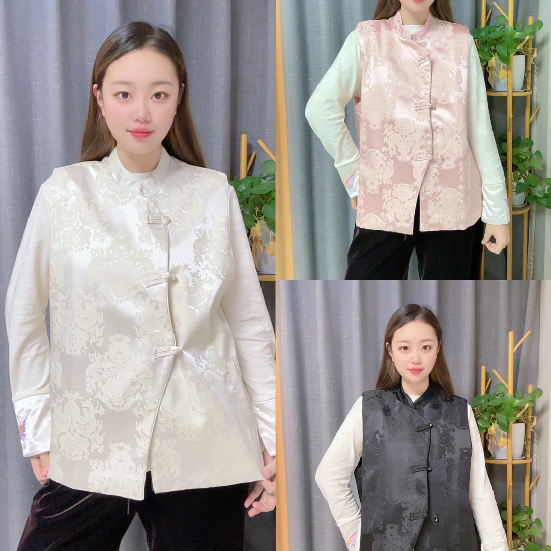 【65092】新中式缎面提花双面宽松显瘦大码马甲女士国风马夹时尚