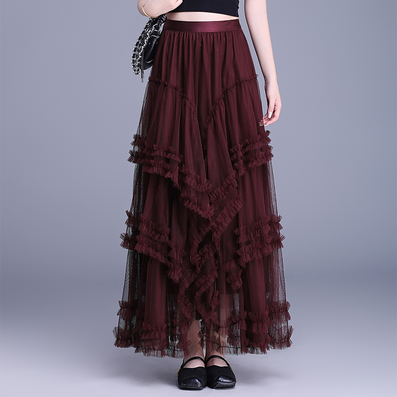 红色甜系网纱半裙女2025年夏季仙气温柔风蓬蓬蛋糕裙a字半身长裙