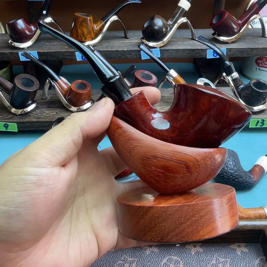 用***8石楠木手工大号角烟斗+底座