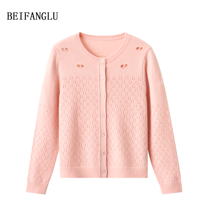 北方鹿 100绵羊毛气质爱心镂空提花针织开衫秋M96Q0603