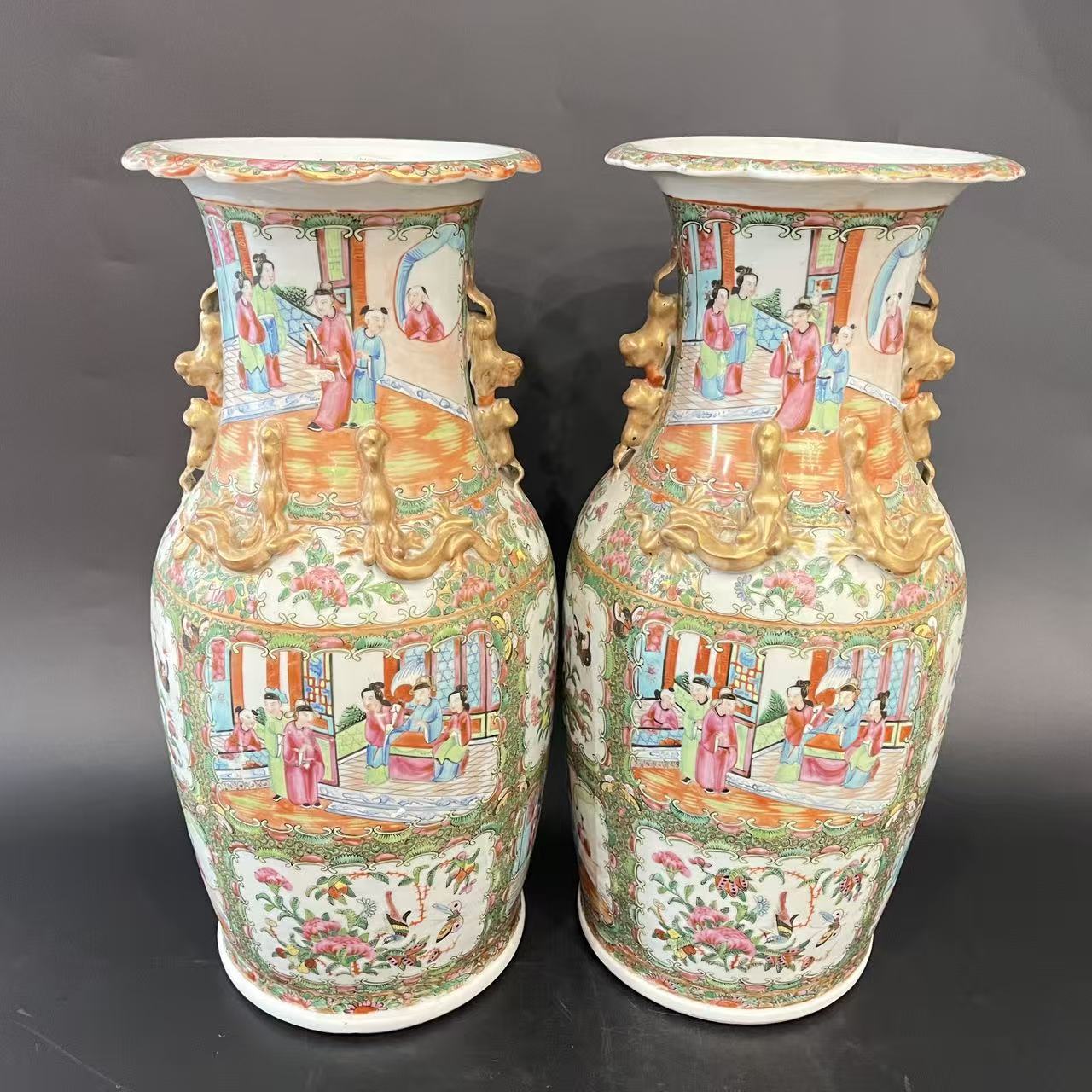 25100174清光绪广彩人物花鸟纹花口赏瓶（两只） 高45.6cm