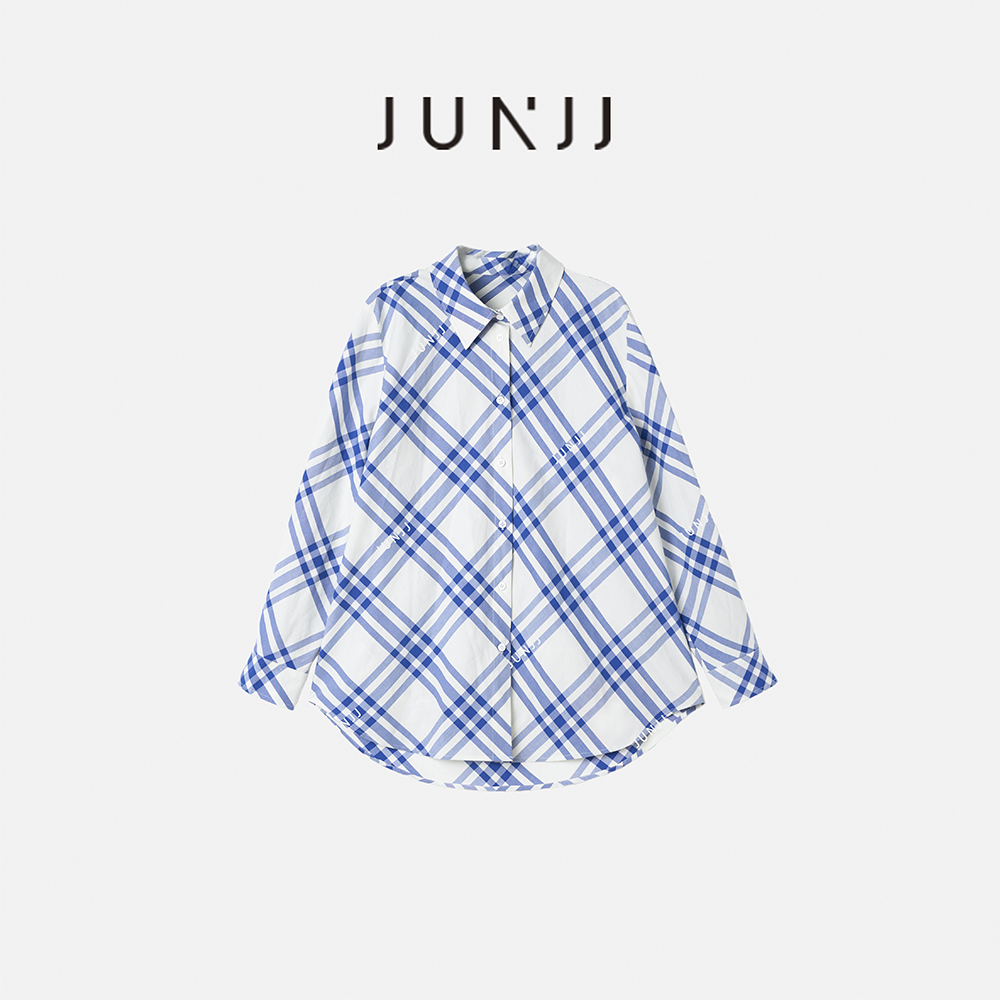 杰瑞【蓝白格纹衬衫】巴家全棉重工经典撞色斜格纹对襟单排扣衬衫