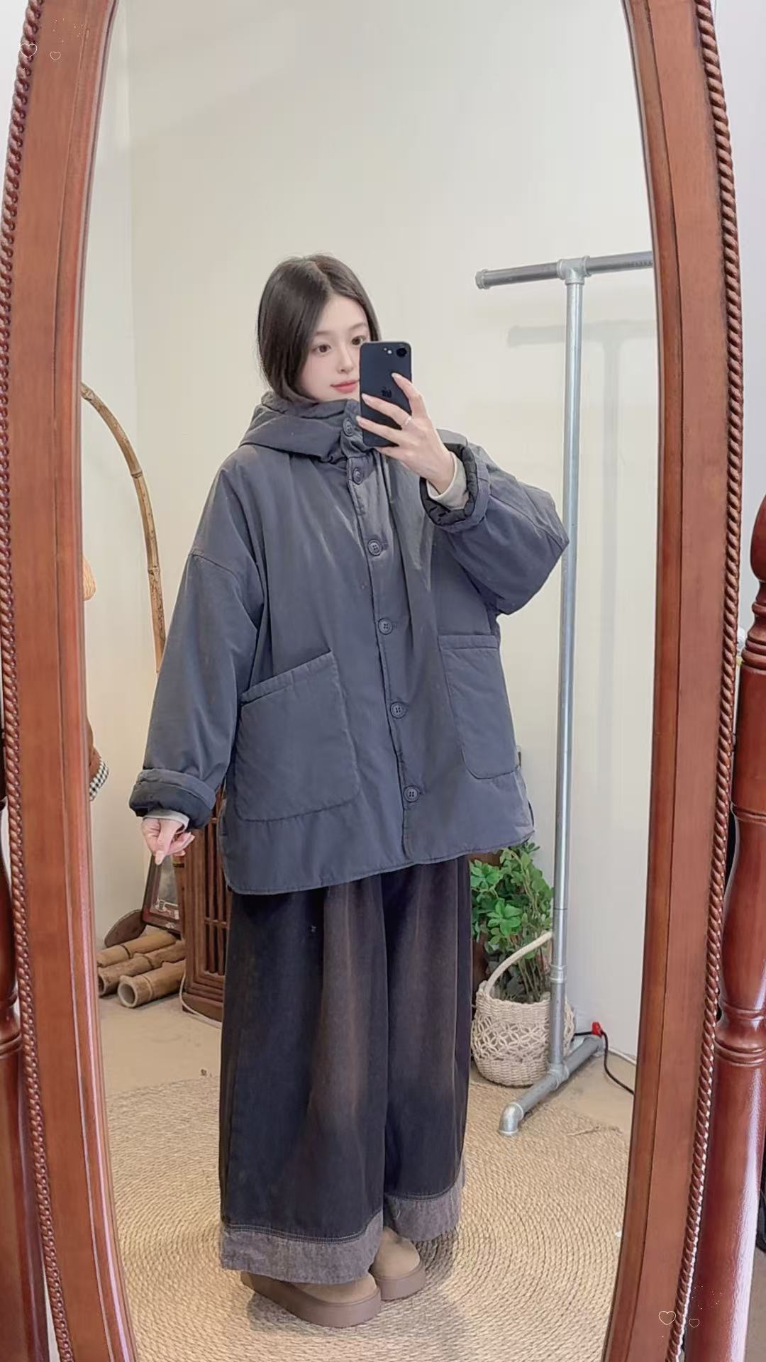 冬季新款简约百搭宽松棉服连帽休闲侧开叉两粒扣