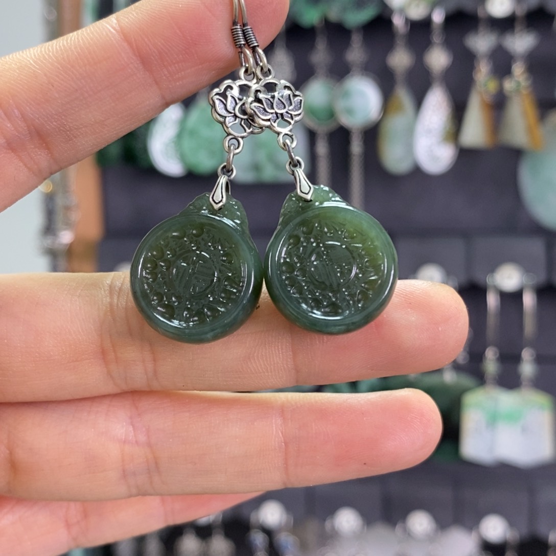 和田玉耳饰银S925镶嵌耳坠