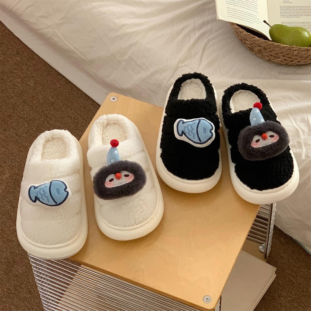 趣味企鹅小鱼冬季可爱羊羔毛防滑月子鞋2026新款情侣棉拖鞋男女士