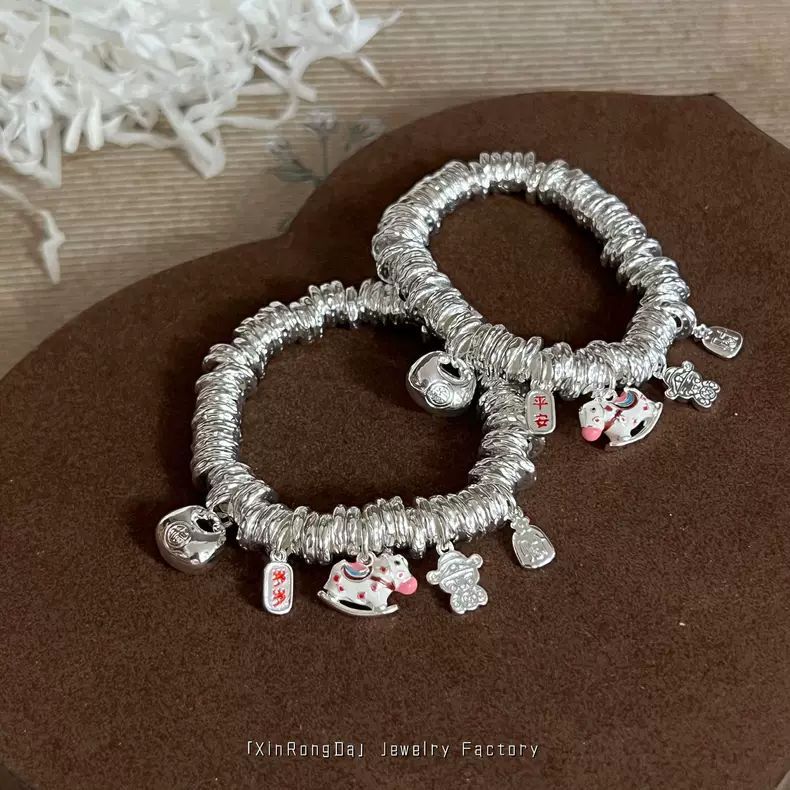 999.9银【马到成功】珐琅彩小木马胖福岁岁平安财神牌盘缠手串