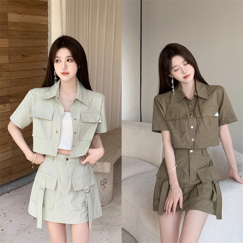 大码休闲套装女夏新款工装风双口袋上衣配半身裙两件套潮