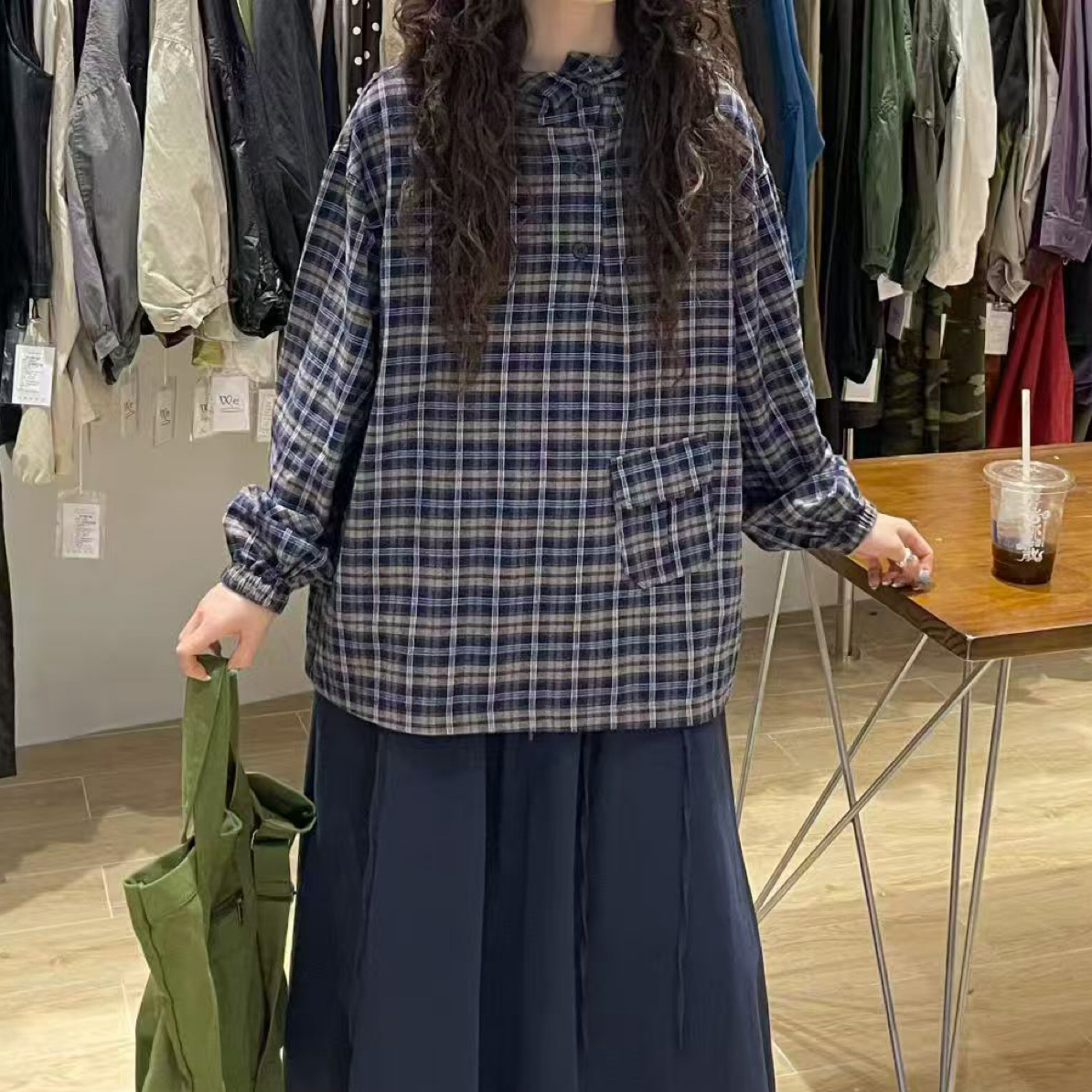 5673#【十三行miguo】2025韩系复古百搭休闲套头格子衬衣女