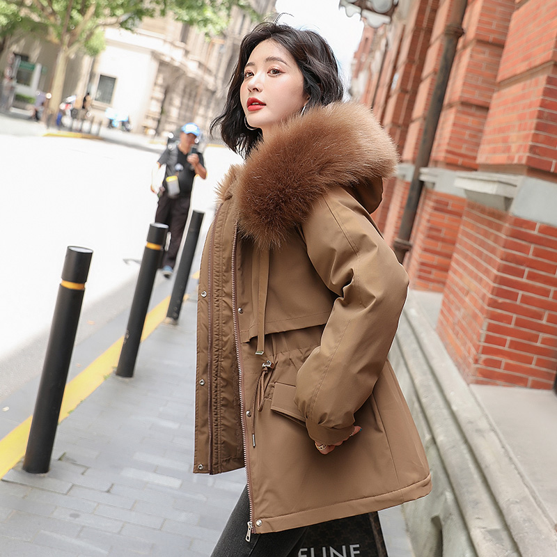 厚款免烫长袖女款大码加绒派克服棉服冬季大毛领短款